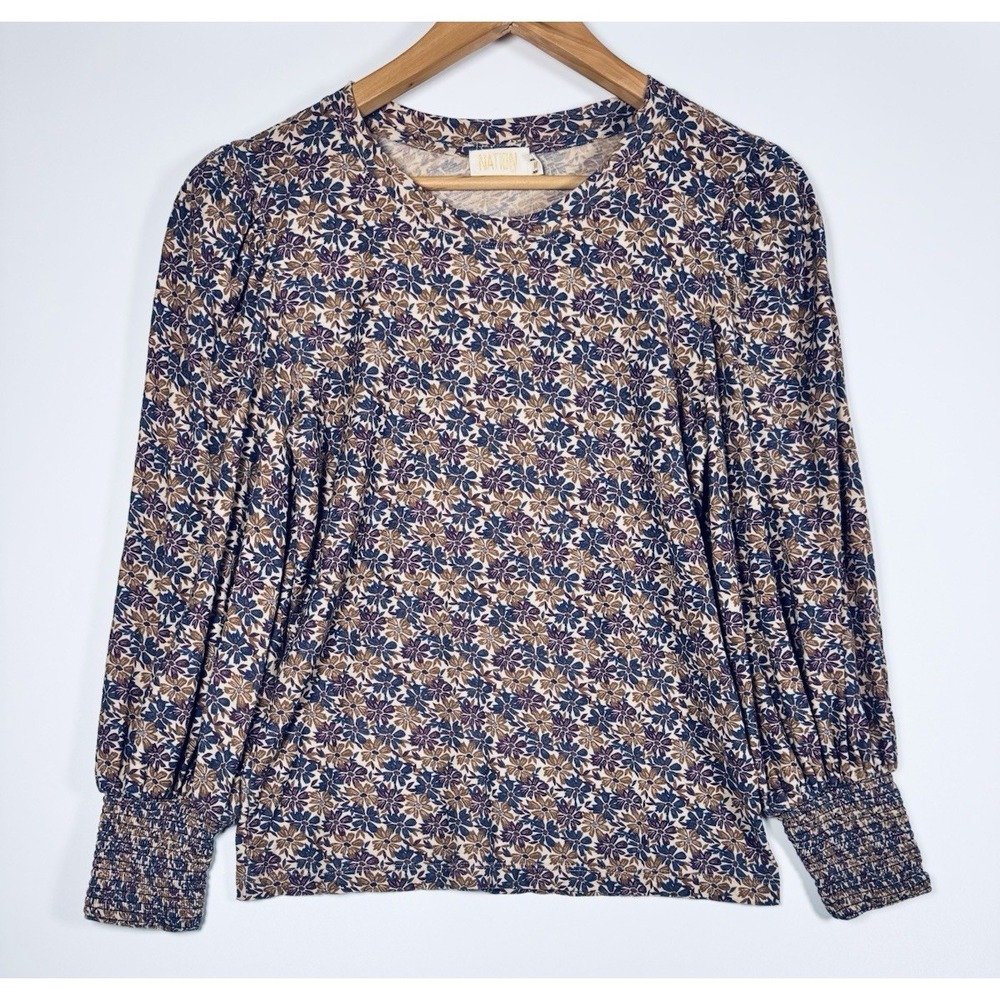 Nation LTD Top Womens Medium Purple Floral Pima Puff Sleeve Smocked Cuff Blouse